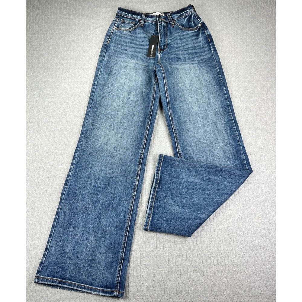 New Fashion Nova Baggy wide leg bootcut Jeans Womens 7 Medium‎ Wash  Low Stretch
